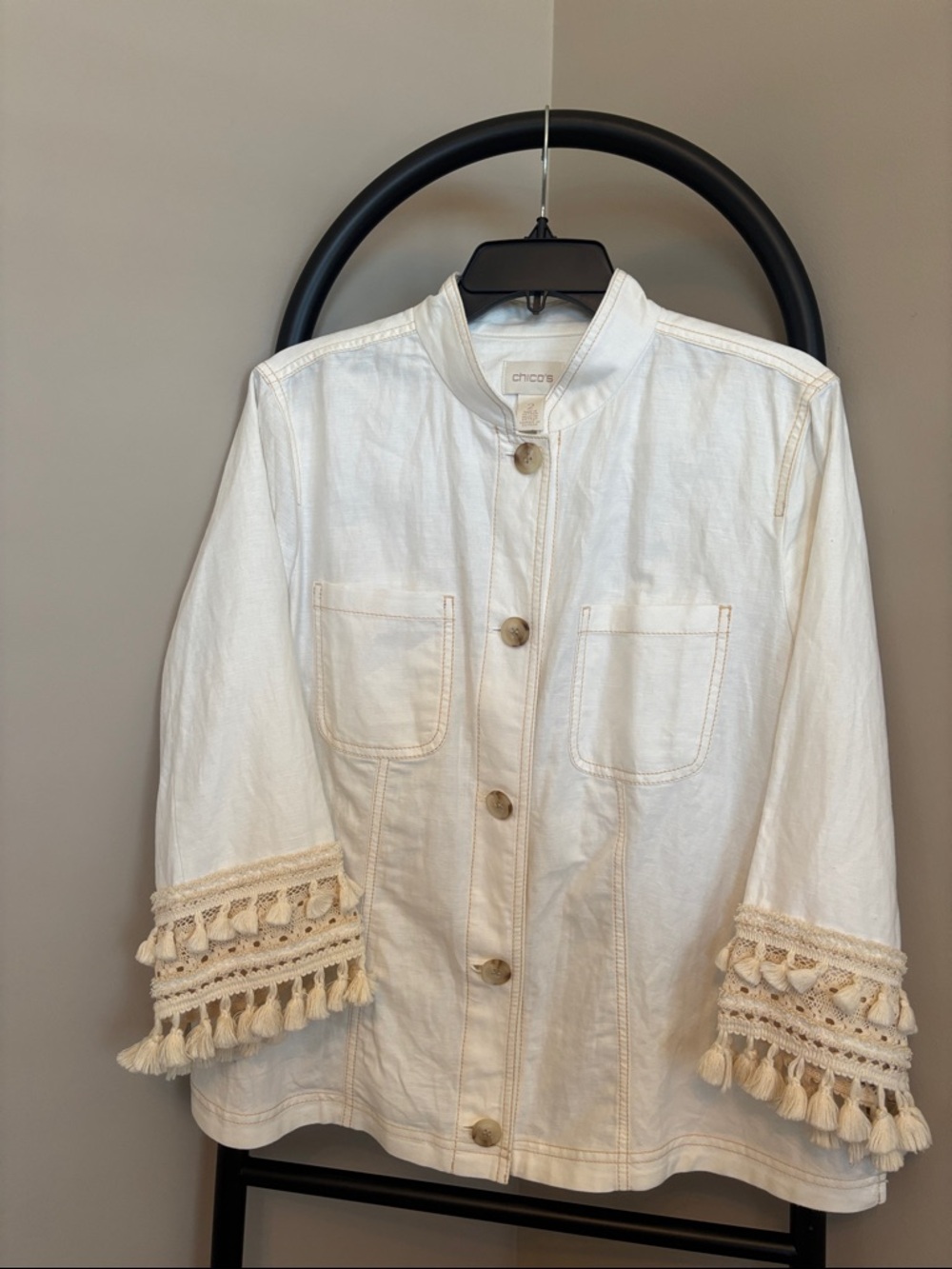 Chico's Cream Utility Jacket with Tassel Trim Large XLarge 2